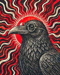 Obraz premium Raven with Glasses Under Radiant Sun – Psychedelic Vintage Illustration