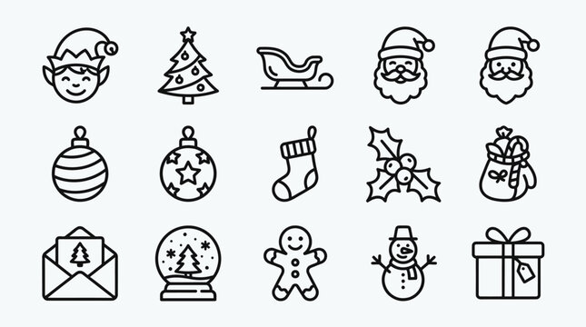 Set of hand drawn christmas line art icons.