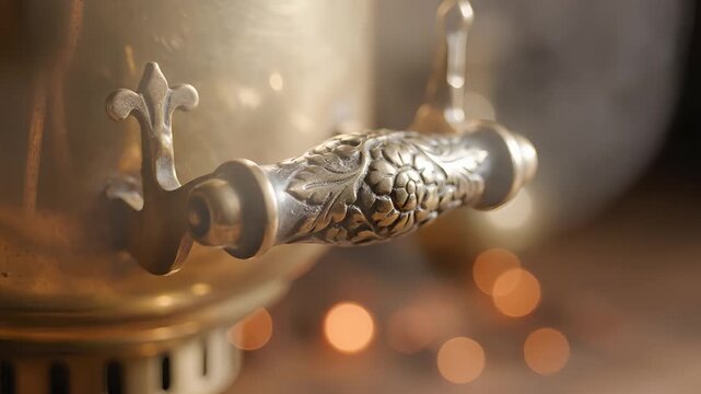 Closeup of an ornate antique samovar handle with bokeh background.