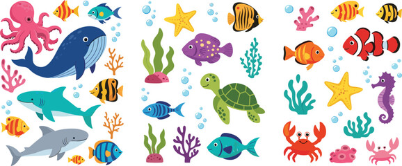 Colorful cartoon ocean animals collection with whale shark turtle fish octopus crab and coral, cute underwater marine life vector illustration set for kids design © MdNazmul