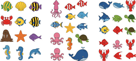 Colorful cartoon sea animals collection featuring fish crab octopus dolphin whale and starfish, cute ocean marine life vector set for kids design © MdNazmul