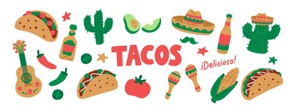 A set of hand-drawn vector illustrations featuring Mexican tacos, tortillas, avocados, cacti, tequila, and more. メキシコのタコスやトルティーヤ、アボカド、サボテン、テキーラなどの手書きベクターイラストセット