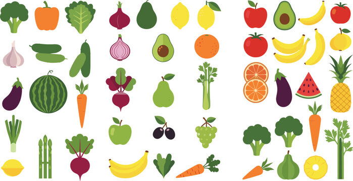Colorful flat vector collection of fresh fruits and vegetables icons isolated on light background, healthy food illustration set for design and branding