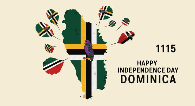 Happy Independence Day Dominica with national flag map and Sisserou parrot.