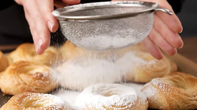 Flour being sprinkled on sweet pastries on a baking tray