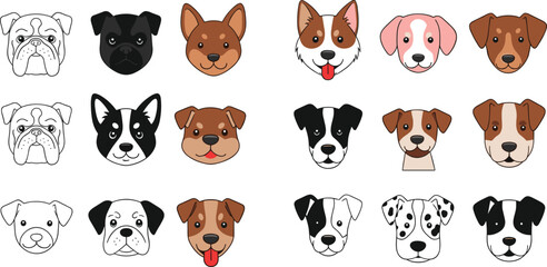 Fototapeta premium Cute dog faces collection set with different breeds and expressions, cartoon puppy head icons vector illustration for pet, mascot and animal design use