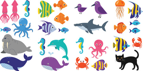 Cute ocean animals collection with fish, shark, dolphin, octopus, jellyfish and crab, colorful marine life cartoon vector illustration isolated on white background © MdNazmul