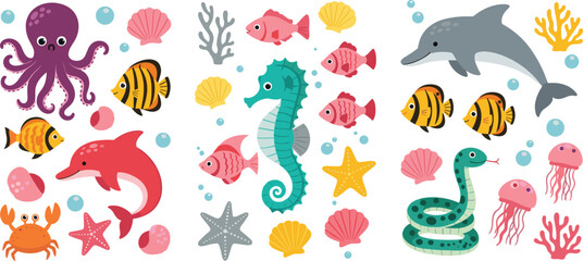 Cute ocean animals collection with dolphin, octopus, seahorse, fish, jellyfish and crab, colorful marine life cartoon vector illustration isolated on white background © MdNazmul