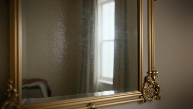 Elegant vintage gold framed mirror reflecting a bright window in a classic interior