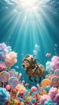 Underwater Exploration of Wonder: A whimsical scene unfolds underwater, with a capybara wearing a diving helmet, surrounded by candy and bright light beams.