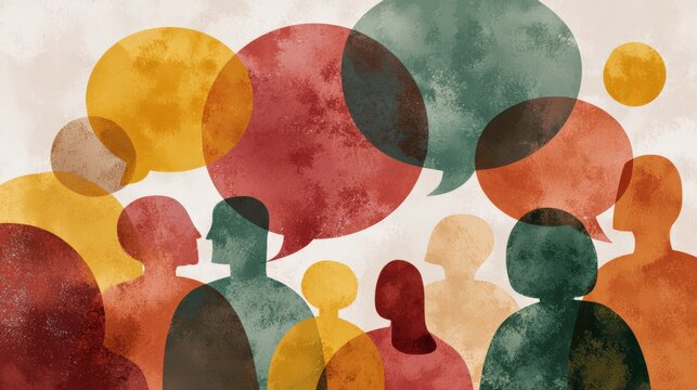Colorful background with abstract human silhouettes and speech bubbles