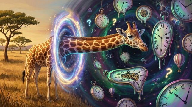 Giraffe in Time Portal: A surreal scene unfolds as a giraffe emerges from a swirling time portal, blurring the lines of reality, amidst melting clocks and a mesmerizing cosmos.