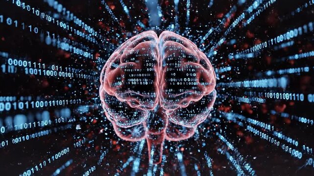 A futuristic digital illustration of a brain surrounded by radiant blue lines and red dots on a dark background with binary code