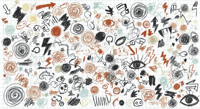 Abstract doodle art with various hand drawn symbols and shapes.