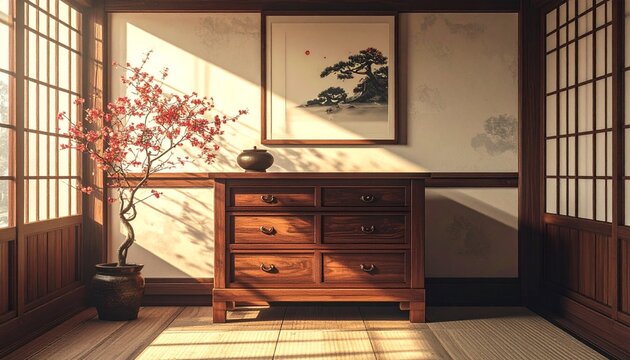 Traditional Japanese Tansu Wooden Chest of Drawers in Calm Tatami Japanese Room Interior