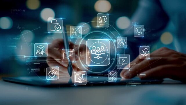 Businessman using tablet in modern office with audience targeting icon connected to cloud and security symbols, illustrating digital marketing analytics and smart business technology.