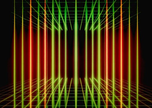 ネオンライトの幾何学パターン背景｜青と紫のグローライン抽象デザイン
