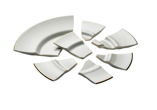 Ultra-detailed macro shot of sharp fine bone china plate fragments with gold rim detail scattered on a high-key white cyclorama, emphasizing texture and deep shadows. Concept of profound loss and