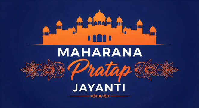 Maharana pratap jayanti greeting card design with orange palace silhouette and floral decorative elements on blue