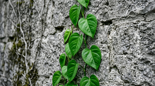 Vibrant green vine with heart-shaped leaves gracefully climbs an ancient, textured stone wall, showcasing nature's resilience and beauty in a close-up, detailed shot