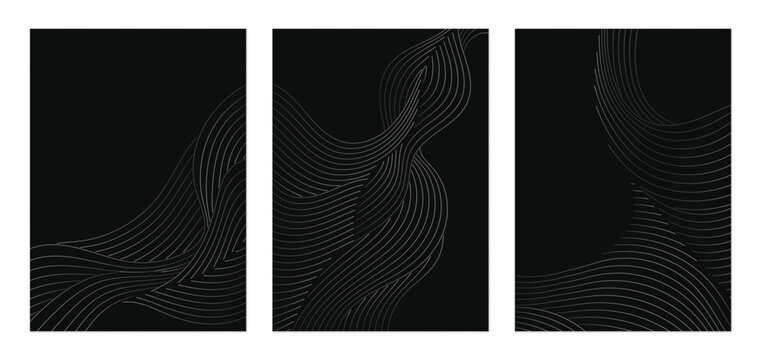 Abstract wall art set, minimalist lines forming a fluid, wave-like shape across a dark gray background