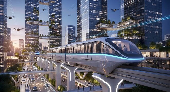 Futuristic Smart City with Elevated Monorail, Drones, and Green Architecture at Dusk, Showcasing Sustainable Urban Transportation and Advanced Technology