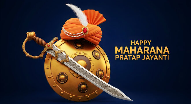 Happy maharana pratap jayanti greeting with traditional golden shield sword and orange royal turban on dark background