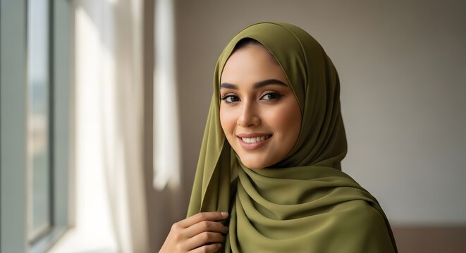 Beautiful Young Muslim Woman in Green Hijab Smiling Confidently by a Window with Natural Light