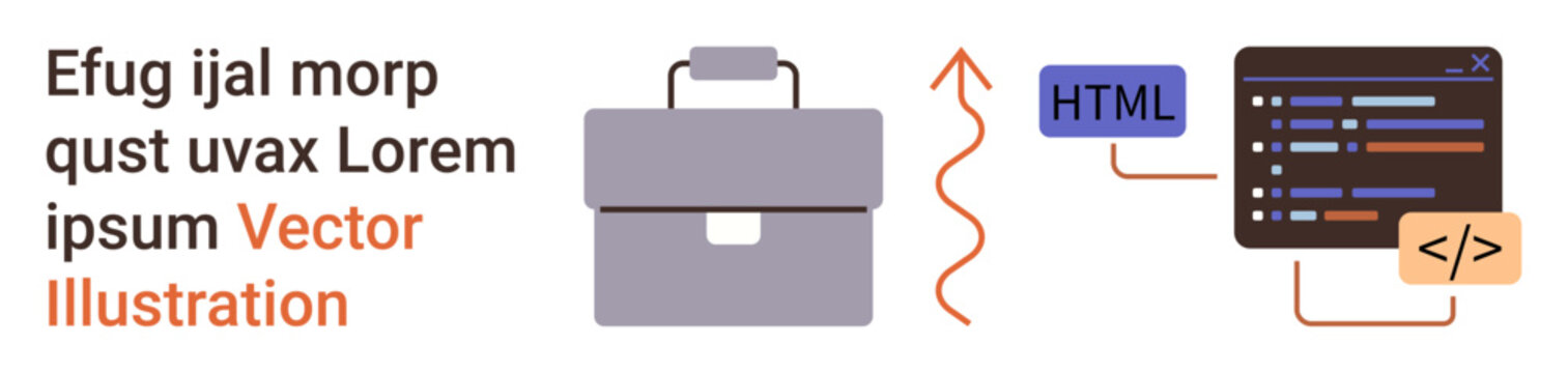 Business, coding, technology education, web development, programming basics, corporate training. Briefcase icon alongside HTML code and developer tools. Business and coding clearly