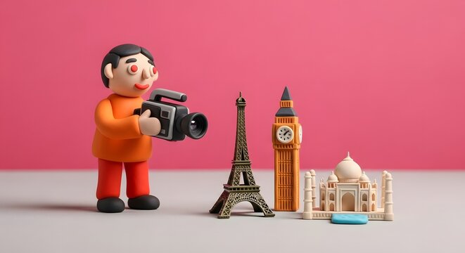 Playful Claymation Character Filming Famous World Landmarks with a Vintage Video Camera on a Pink Background