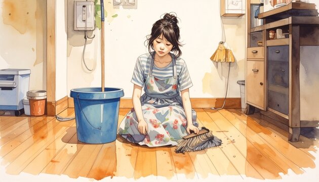 Watercolor Illustration of Tired Japanese Housewife Sitting on Floor with Broom and Bucket