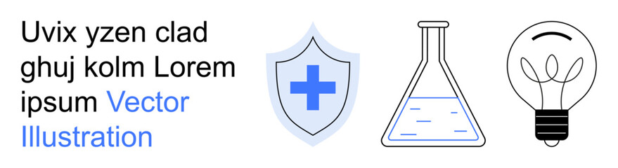 Fototapeta premium Healthcare, scientific research, innovation, medical development, technology, and protection. A shield with a cross, a laboratory beaker and a light bulb. Healthcare and scientific research theme