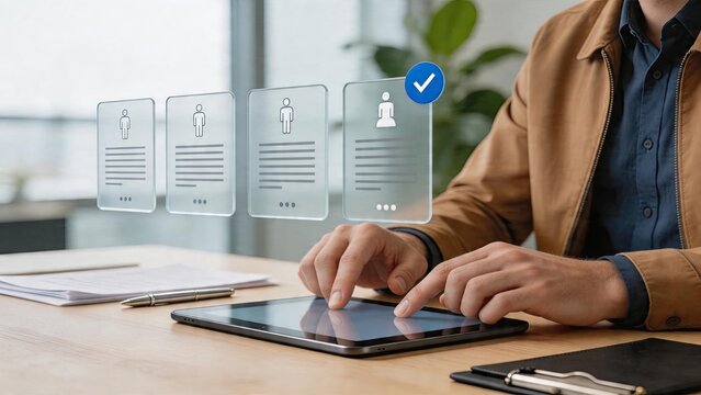 Businessman selecting digital applicant profiles on tablet interface hiring process recruitment screening choosing candidates for job positions