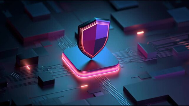 Isometric 3D illustration of a glowing central shield symbolizing security,