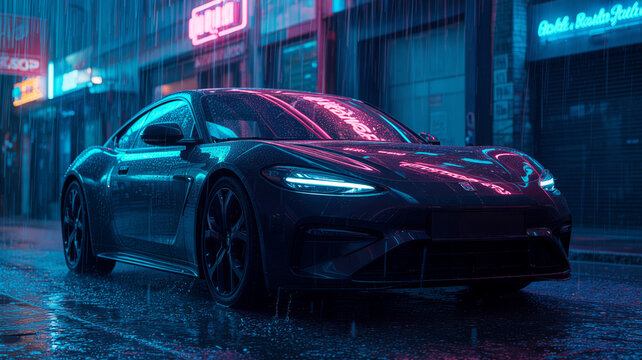 Neon lit sports car parked on rainy city street