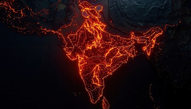 Fiery India: An abstract, high-angle view showcases India's geographical form illuminated with fiery, interconnected lines against a stark, dark backdrop, symbolizing energy and connectivity.