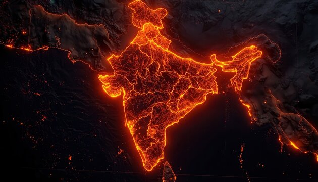 India's glowing outlines: A digitally rendered map of India illuminates with radiant outlines, representing a modern interpretation of the country's geographical contours, bathed in an otherworldly.
