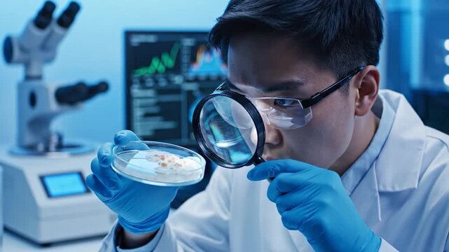 A scientist in a laboratory examines a sample through a magnifying glass, conducting research and analysis for scientific purposes