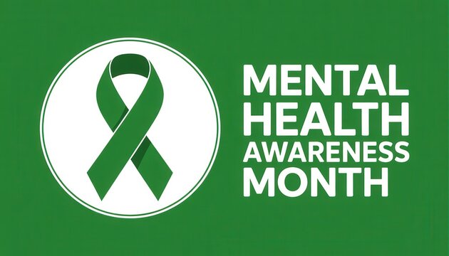 Mental Health Awareness: A green ribbon symbolizing mental health awareness, advocating for support and understanding in a visually compelling graphic. 