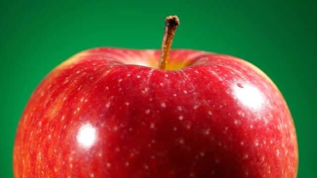 A close-up view of a ripe, red and yellow fruit with a brown stem against a solid green background, showing its texture