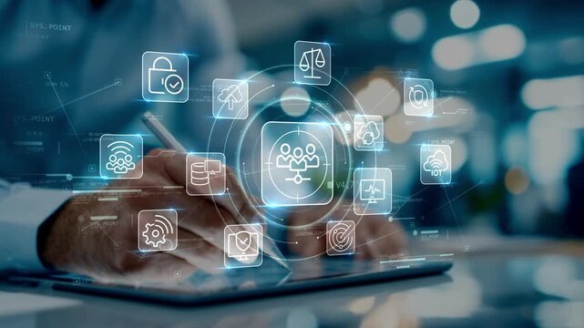 Businessman interacting with tablet as audience targeting and cloud icons appear, illustrating customer analytics and digital business operations, marketing analytics and security