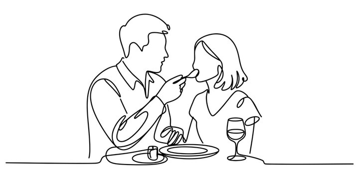 A man feeding his girlfriend during a romantic dinner date as a continuous line art drawing Vector, illustration