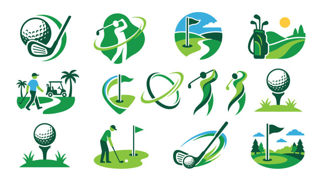 Collection of stylized golf icons and illustrations featuring golf clubs, balls, golfers, golf carts, and scenic golf course landscapes.