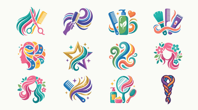 A vibrant collection of twelve stylized icons representing hair care, beauty salons, and hairstyling, featuring scissors, combs, brushes, hair products, and abstract hair designs.