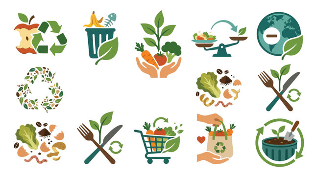 Collection of icons representing sustainable food practices, including composting, recycling, and eco-friendly shopping.