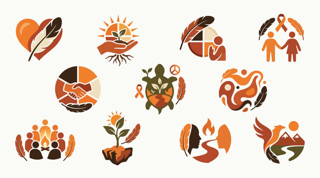 Collection of Indigenous-themed icons representing unity, nature, growth, and cultural heritage.
