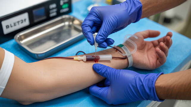 Blood donation process with medical gloves