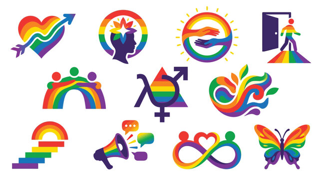 Collection of rainbow-themed icons representing diversity, inclusion, and LGBTQ+ pride, featuring symbols like hearts, people, butterflies, and abstract designs.