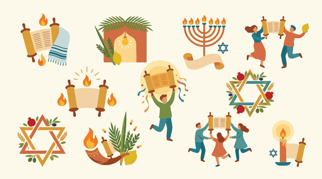 A vibrant collection of Jewish holiday symbols and celebrations, including Torah scrolls, menorahs, sukkahs, and dancing figures.