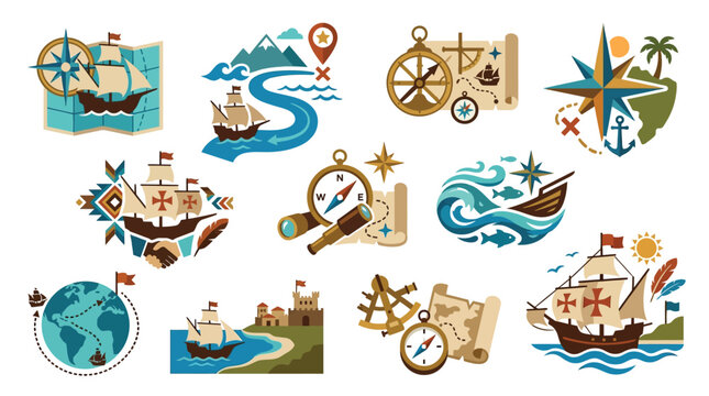 Collection of vintage nautical exploration icons featuring ships, maps, compasses, and navigational tools.